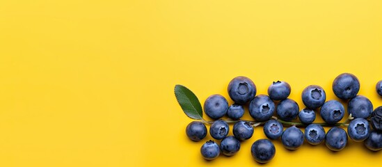 Flat lay of ripe blueberries on a vibrant yellow backdrop with copy space image