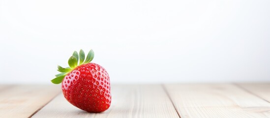 A close up copy space image of a strawberry placed on a white wooden background - Powered by Adobe