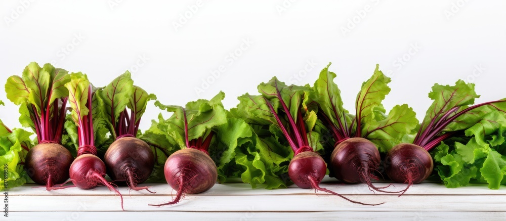Poster Beetroot plants arranged on a white wooden table with ample empty space around them for a copy space image