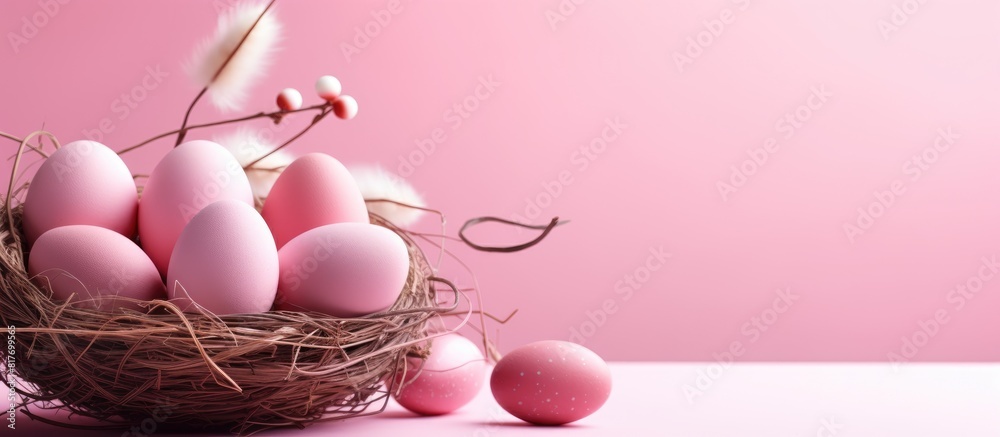 Poster A pink background with Easter eggs arranged in a wicker basket and a blank paper for the greeting Easter card providing copy space image