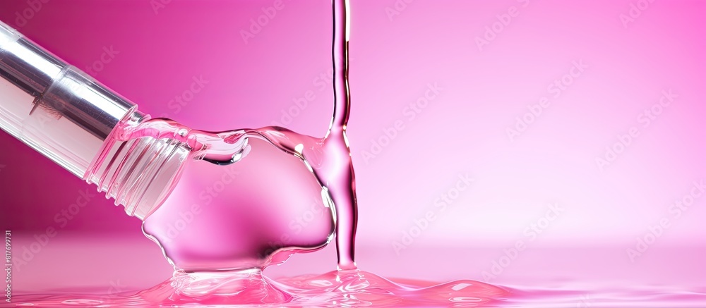 Wall mural Closeup of a pipette dripping moisturizing serum onto a pink background creating a copy space image