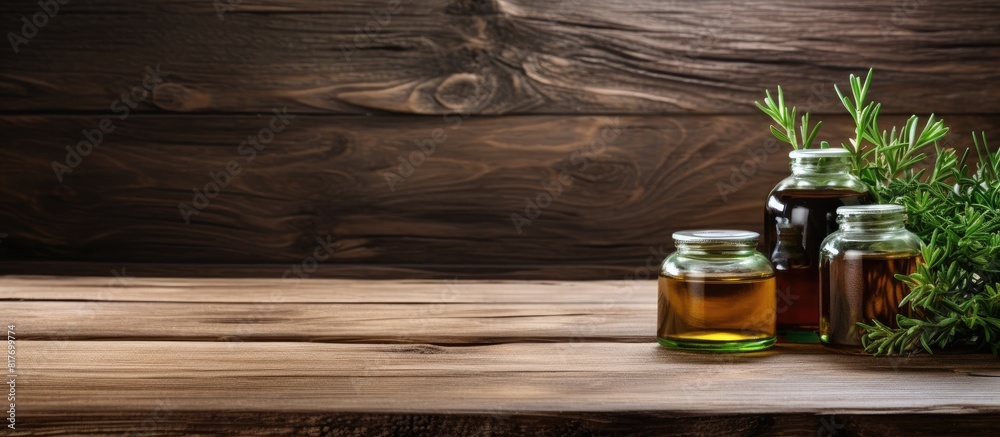 Poster a spa composition featuring the aromatic essence of tea tree oil set against a rustic wooden backdro