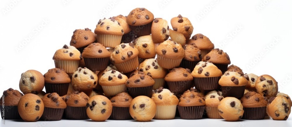 Poster A pile of muffins arranged separately on a white background leaving empty space for other images to be added if needed. Creative banner. Copyspace image