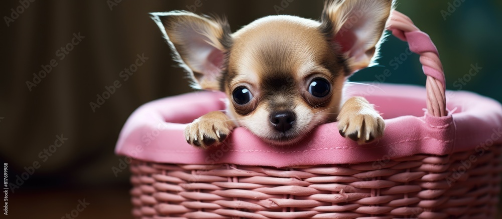 Poster a chihuahua with an adorable appearance happily occupying a basket of your choice copy space image