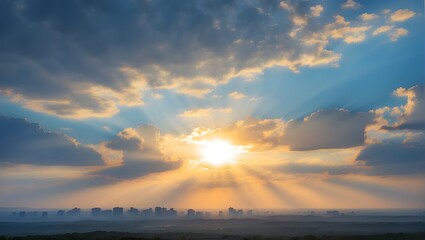 Obraz premium Sunrise dramatic blue sky with orange sun rays breaking through the clouds. Nature background. Hope concept