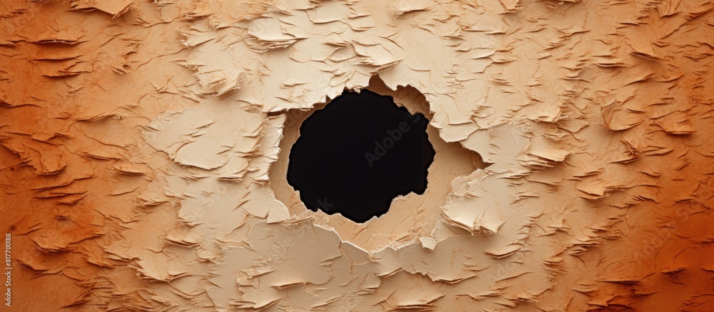 Poster A round hole is visible in a colored cardboard with torn paper in the background serving as a textured copy space for advertising text