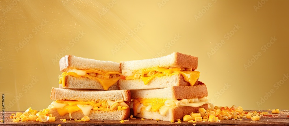 Poster a copy space image featuring sandwiches topped with corn bread and melted cheese providing room for 