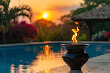 Burning torch by pool at dusk