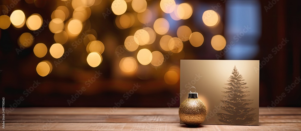 Poster a christmas card sits beside an ornament on a wooden table with a blurred christmas background it is