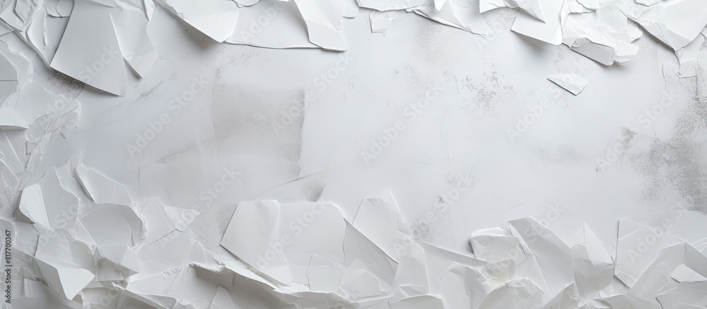 Aufkleber An assortment of torn paper pieces in shades of white displayed on a textured gray backdrop creating a versatile copy space image