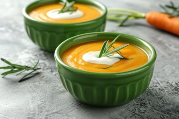 Butternut squash bisque in green bowls with cream and rosemary on gray table Pumpkin and carrot cream soup Minimal style vertical image