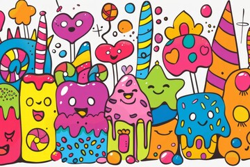 Fototapeta premium Cartoon cute doodles of a candy kingdom ruled by a wise gumdrop king and queen, Generative A