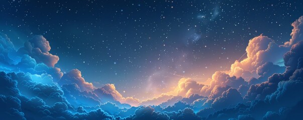 Whimsical clouds and stars in a night sky