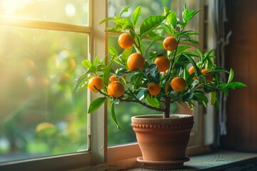 Calamondin citrus houseplant in terracotta pot indoors on windowsill Indoor citrus plant for decoration and gardening