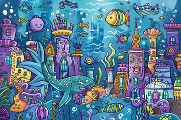 Cartoon cute doodles of a fantastical underwater city inhabited by mermaids and sea creatures, Generative AI