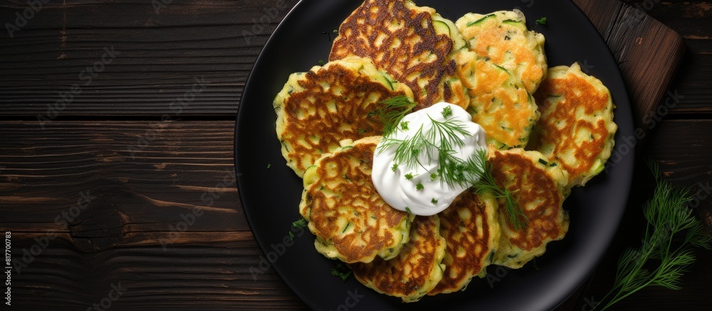 Poster A top view copy space image of potato and zucchini pancakes accompanied by sour cream placed on a dark table