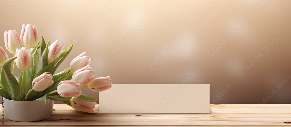 Aufkleber The elegant table display features tulip flowers and blank cards for personalization in a copy space image