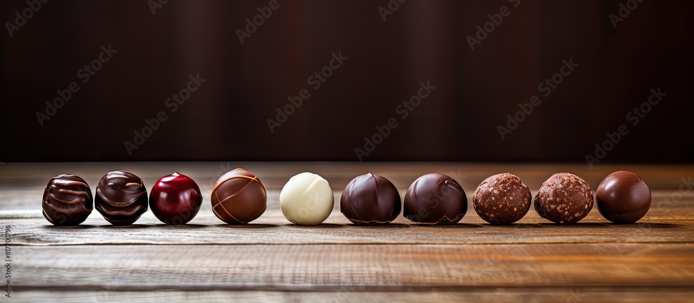 Aufkleber a line of delectable chocolate candies arranged on a rustic wooden table allowing room for a copy sp
