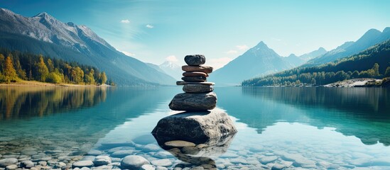 Mountain lake with a balanced stone pyramid surrounded by filtered blue water creating a serene and...