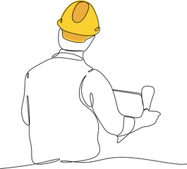 One line drawing of a young master builder with documentation. Construction designer concept. Vector illustration of continuous line drawing.