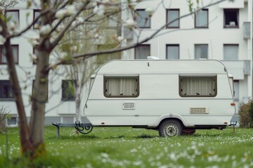 Caravan trailer on green campsite lawn in Europe Spring scenery for travel and recreation RV on panoramic view