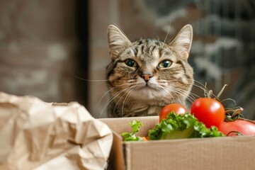 Cardboard cat smiling near food