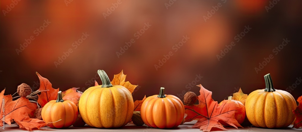 Poster autumnal leaves create a backdrop for pumpkins in the copy space image
