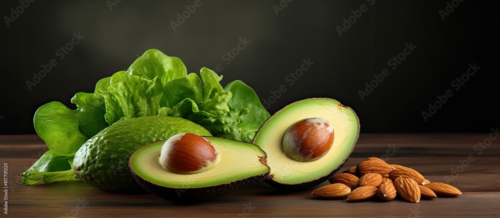 Poster avocado and cashew accompanied by a wholesome green salad with ample empty area for an image