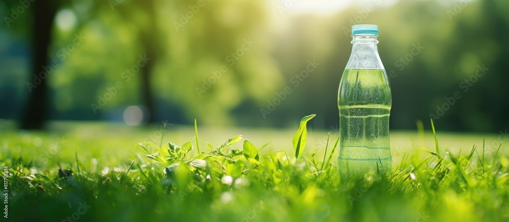 Poster A refreshing bottle of water rests on the lush green lawn with plenty of empty space surrounding it for a clean and uncomplicated image. Creative banner. Copyspace image