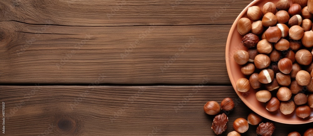 Aufkleber A top down view of a wooden table with a plate holding a stack of hazelnuts creating a visually appealing copy space image