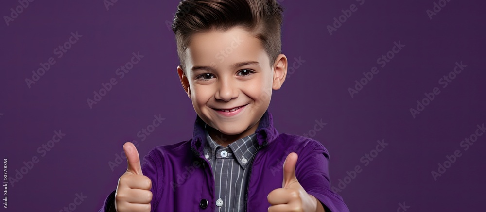 Canvas Prints A cheerful boy with a plaid shirt and a thumbs up gesture appears in a copy space image against a purple backdrop