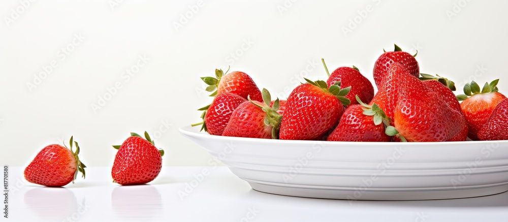 Poster a white plate showcases vibrant red strawberries on a backdrop of white with ample copy space for cu