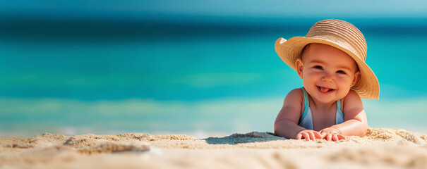 Happy baby in a straw hat crawling on the beach. Banner with copy space. Concept of family vacation, summer fun