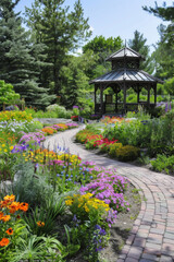 Obraz premium A tranquil garden with colorful flowers, winding pathways, and a quaint gazebo. 