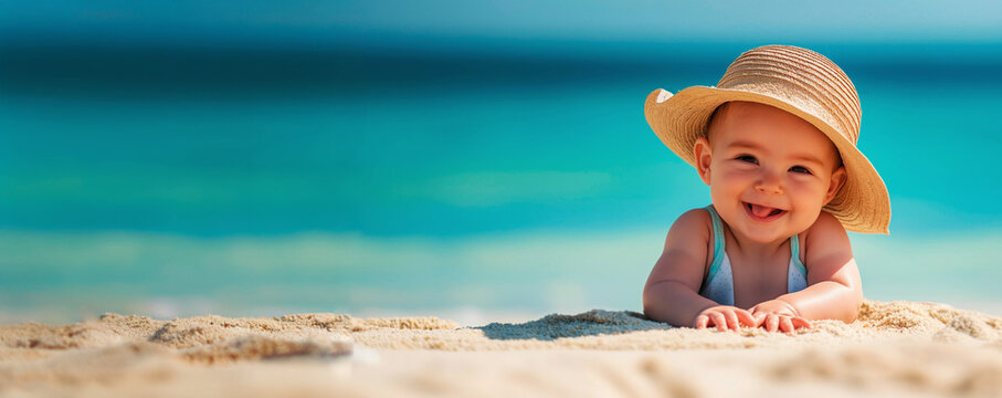 Happy baby in a straw hat crawling on the beach. Banner with copy space. Concept of family vacation, summer fun