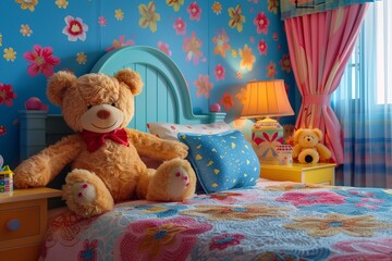 Interior of kid room bed table doll bear wallpaper