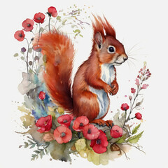 Cute squirrel and watercolor elements watercolor illustration.