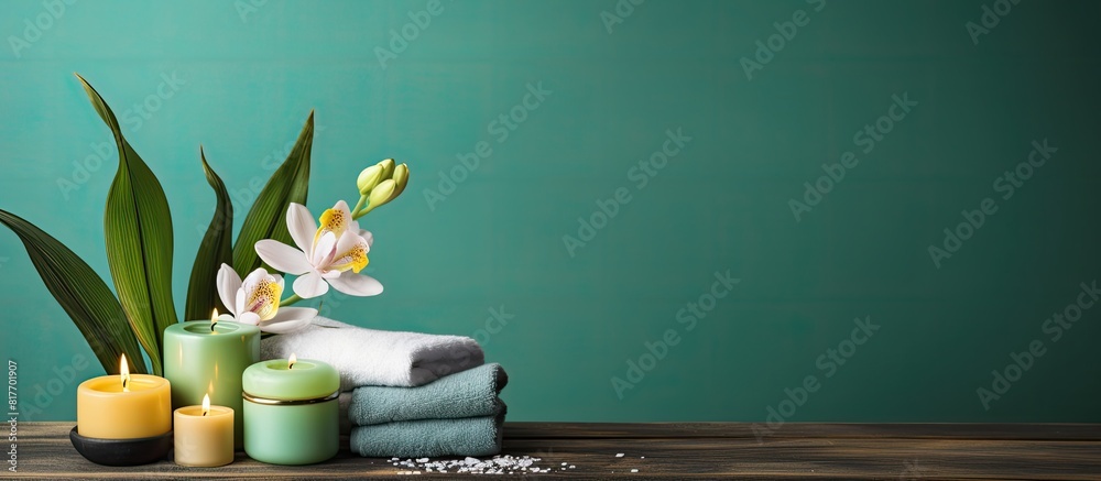 Poster colorful background enhances the composition of the spa treatment on the table creating a captivatin