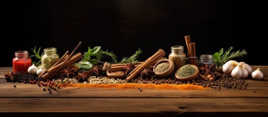 A culinary scene with a variety of spices arranged on a wooden table leaving ample space for copy or text