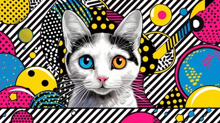 Blue-Eyed Cat on Colorful Background
