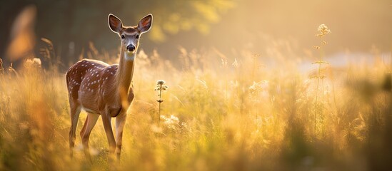 A graceful doe roams through a sun kissed meadow in the late afternoon providing a captivating copy space image