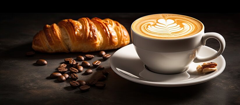 A tempting Italian cappuccino and freshly baked cornetti perfectly presented with ample copy space image