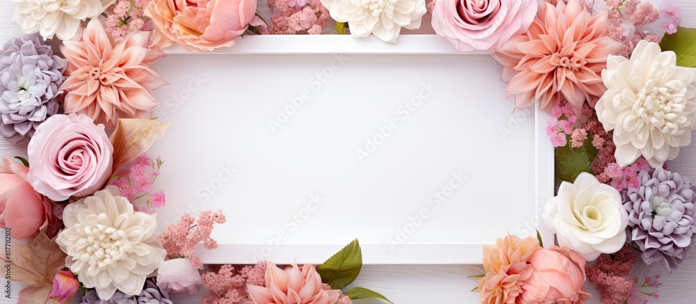 Aufkleber A top down view of an empty picture frame adorned with pastel colored artificial flowers providing copy space for a greeting card