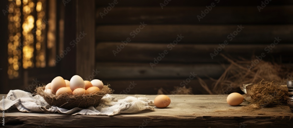 Poster A rustic setting with a wooden table displaying farm fresh eggs providing an inviting and natural ambiance for a copy space image