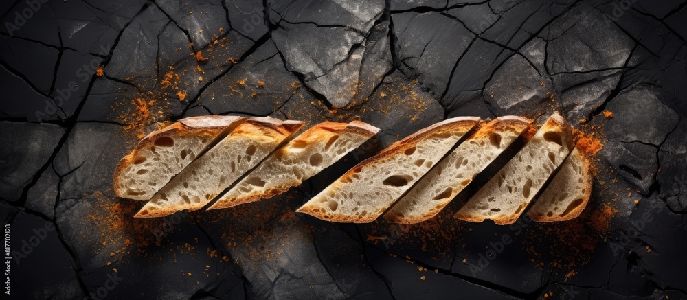 Poster Flat lay of a fragmented French bread loaf placed on a dark metal background with ample copy space image