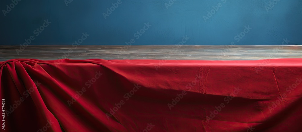 Aufkleber a copy space image of a red tablecloth neatly folded over a blue wooden table
