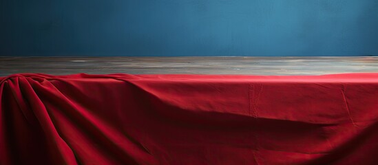 A copy space image of a red tablecloth neatly folded over a blue wooden table - Powered by Adobe