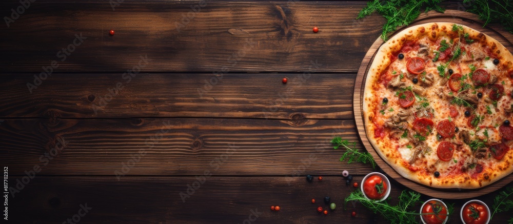 Aufkleber A view from above showcasing a delicious pizza placed on a wooden table in a cozy cafe with ample copy space for an image