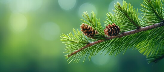 Close up of a branch of European spruce Picea abies with young male reddish cones against a natural green background Copy space image