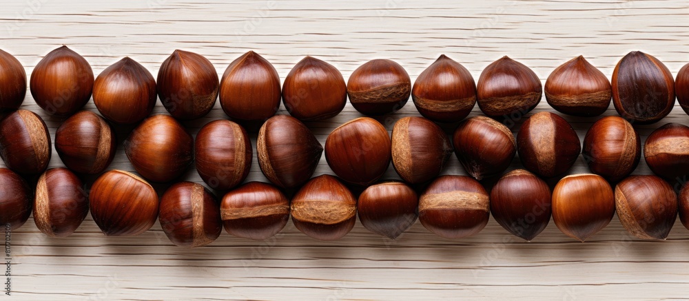 Poster A top down view of roasted chestnuts on a wooden table with a white background providing ample copy space for other elements